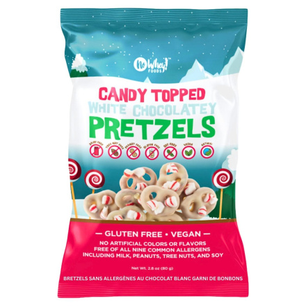 Front of No Whey Foods Allergen-Free Pretzels Candy Topped White Chocolate - Chocolate Dipped Pretzels - Dipped Chocolate Pretzels - Candy Cane Pretzels