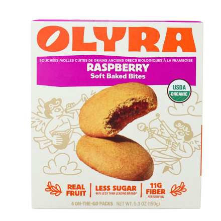Front of Olyra Organic Ancient Greek Grains Soft Baked Bites Raspberry - Healthy Breakfast Cookies - Raspberry Breakfast Bars - Raspberry Cookies
