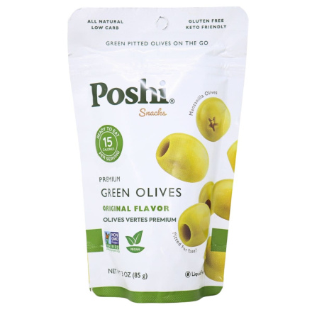 Front of Poshi Pitted Green Olive Snacks Manzanilla Olives - Olive Snack Pack - Manzanilla Olives - Olives For Charcuterie Boards