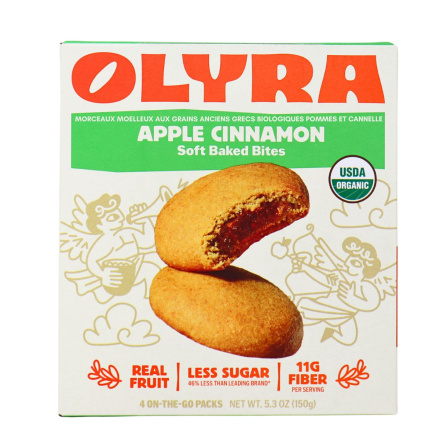 Front of Olyra Organic Ancient Greek Grains Soft Baked Bites Apple Cinnamon - High Fiber Cookies - Organic Breakfast Cookies - Less Sugar Cookies