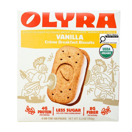 Front of Olyra Organic Ancient Grains Breakfast Biscuits Vanilla Sandwich - High Fibre Sandwich Biscuits - High Fibre Biscuits - Vanilla Sandwich Biscuits