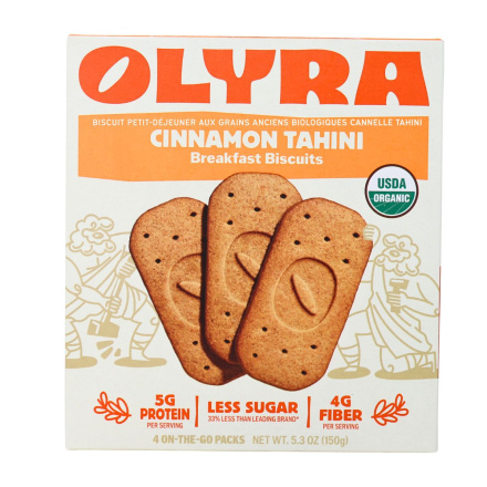 Front of Olyra Organic Ancient Grains Breakfast Biscuit Cinnamon Tahini, 4 3-Packs - Healthy Breakfast Cookies - Cinnamon Tahini Cookies - Tahini Honey Cookies