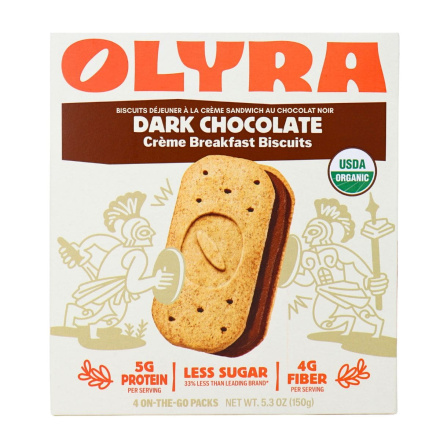 Front of Olyra Organic Ancient Grains Crème Breakfast Biscuits Dark Chocolate Sandwich - Healthy Breakfast Cookies - Organic Breakfast Bars - Organic Sandwich Cookies