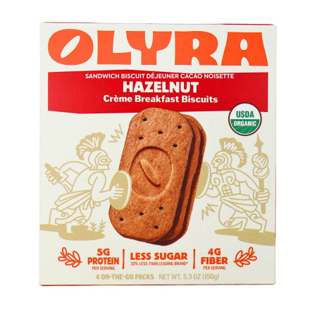 Front of Olyra Organic Ancient Grains Breakfast Biscuit Hazelnut Cocoa Sandwich - Organic Breakfast Cookies - Healthy Breakfast Cookies