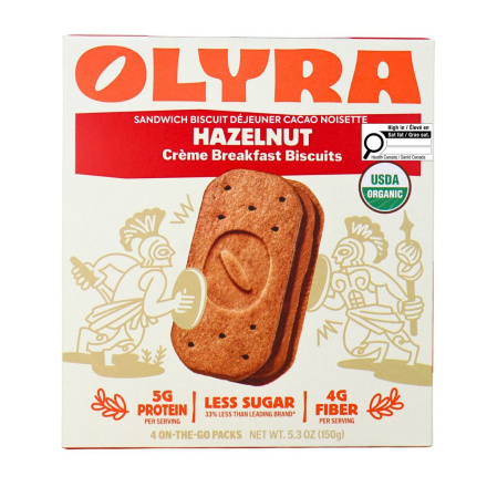 Front of Olyra Organic Ancient Grains Breakfast Biscuit Hazelnut Cocoa Sandwich - Organic Breakfast Cookies - Healthy Breakfast Cookies