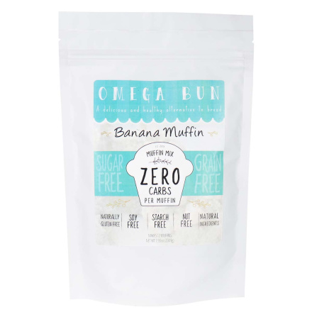Front of Omega Bun Zero Net Carbs Banana Muffin Mix, 224.9g