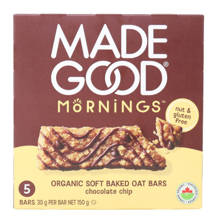 Front of MadeGood Mornings Gluten-Free Soft-Baked Oat Bars Chocolate Chip, 5 Bars