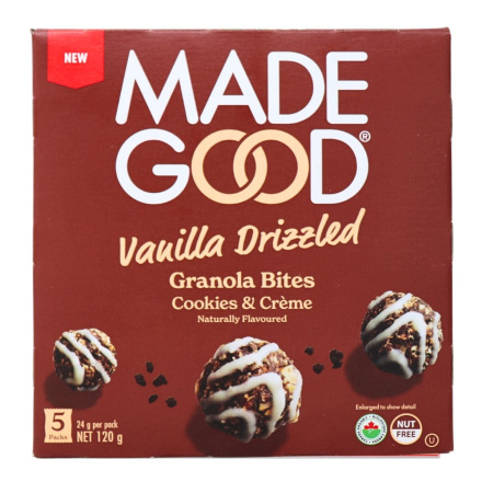 Front of MadeGood Crunchy Oat Bits Vanilla Drizzled Cookies And Creme Bites - Gluten Free Healthy Snacks - Cookies And Cream Bites - Gluten Free Cookies And Cream