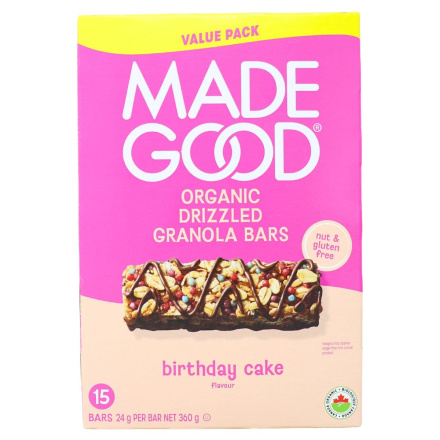 Front of MadeGood Allergen-Free Chocolate Drizzled Granola Bars Birthday Cake - Made Good Bars - Made Good Granola Bars - Birthday Granola