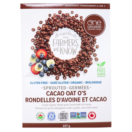 Front of One Degree Organic Gluten-free Sprouted Cacao Oat O’s - Gluten-Free Cereal - Organic Chocolate Cereal - Sprouted Oats