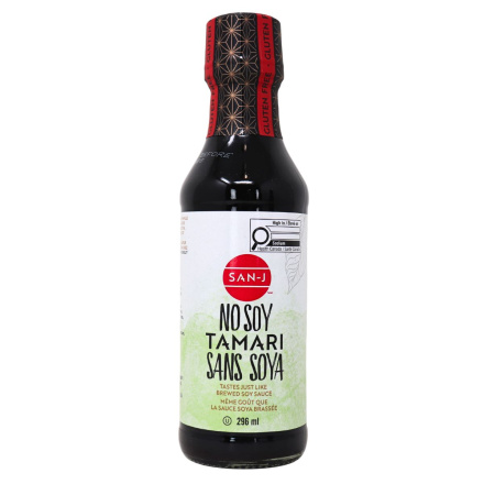 Front of San-J Gluten-Free No-Soy Tamari - Soy Sauce Substitute - Soy Sauce Substitute Soy-Free - No Soy Soy Sauce