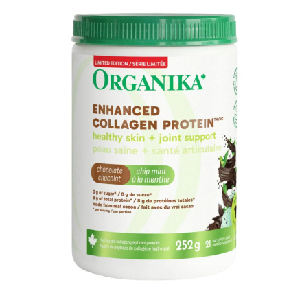 Front of Organika Limited Edition Enhanced Collagen Protein Dark Chocolate Chip Mint - Collagen Organika - Enhanced Collagen Protein - Organika Collagen Protein