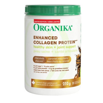 Front of Organika Limited Edition Enhanced Collagen Protein Dark Chocolate Caramel Macchiato - Collagen Organika - Enhanced Collagen Protein - Organika Collagen Protein