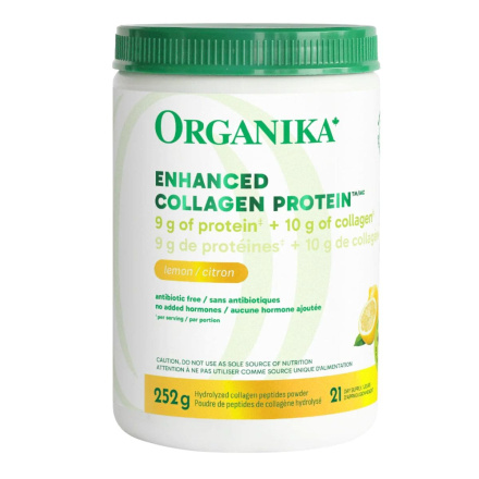 Front of Organika Enhanced Collagen Protein Hydrolyzed Collagen Grass-Fed Collagen Peptides Lemon