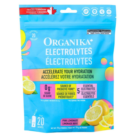 Front of Organika Sugar-Free Electrolytes Powder Pink Lemonade - Electrolytes Without Sugar - Electrolyte Packets No Sugar - Organika Electrolytes