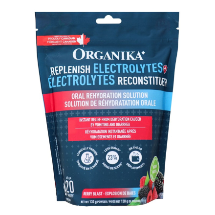 Front of Organika Replenish Electrolytes Powder Berry Blast - Electrolyte Packets - Hydration Powder - Isotonic Drink Powder
