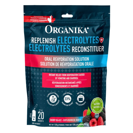 Front of Organika Replenish Electrolytes Powder Berry Blast - Electrolyte Packets - Hydration Powder - Isotonic Drink Powder