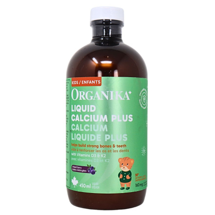 Front of Organika Kids Liquid Calcium Plus With Vitamins D3 & K2 Mixed Berry - Liquid Calcium Supplement - Liquid Calcium With Vitamin D - Calcium And Vitamin D Liquid