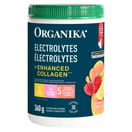 Front of Organika Sugar-Free Effervescent Powder Electrolytes + Enhanced Collagen Zesty Lemon Berry - Keto Electrolyte Powder - Healthy Electrolyte Powder - Electrolyte Supplement