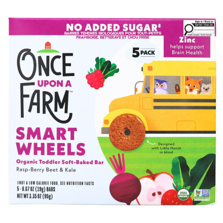 Once Upon A Farm Smart Wheels Organic Toddler Soft-Baked Bars Rasp-Berry Beet & Kale Front of box