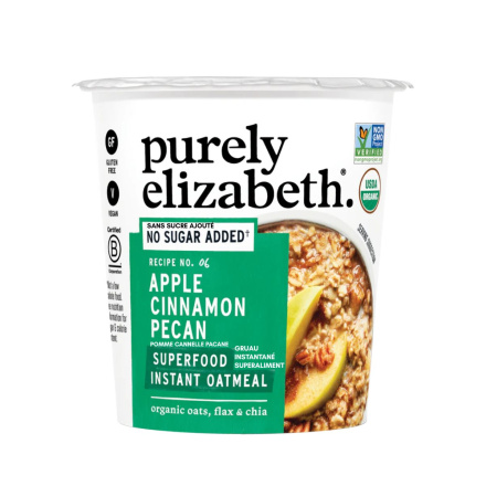 Front of Purely Elizabeth Gluten-Free Instant Superfood Oatmeal Cup Organic Apple Cinnamon Pecan - Prebiotic Oatmeal With Apples - Apple Cinnamon Quick Breakfast - Purely Elizabeth Gluten Free Oatmeal