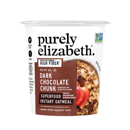 Front of Purely Elizabeth Gluten-Free Instant Superfood Oatmeal Cup Dark Chocolate Chunk - Purely Elizabeth Dark Chocolate Oats - Instant Oatmeal With Chocolate - Plant Based Chocolate Oatmeal