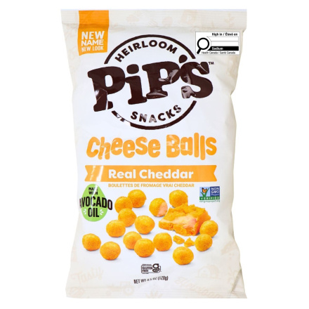 Front of Pipcorn Gluten Free Heirloom Corn Cheese Puff Balls Real Cheddar - Heirloom Corn, Pipcorn Canada, Gluten Free Cheese Puffs, Gluten Free Cheese Balls