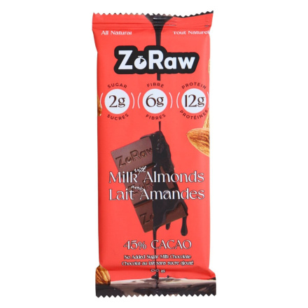 Front of ZoRaw Keto High Protein Milk Chocolate Bar With Almonds - Milk Chocolate With Protein - Keto Milk Chocolate - Keto Protein Chocolate