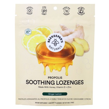 Front of Beekeeper’s Naturals Low Sugar Propolis Soothing Lozenges Ginger Lemon - Propolis For Cough - Ginger Propolis - Lemon Propolis