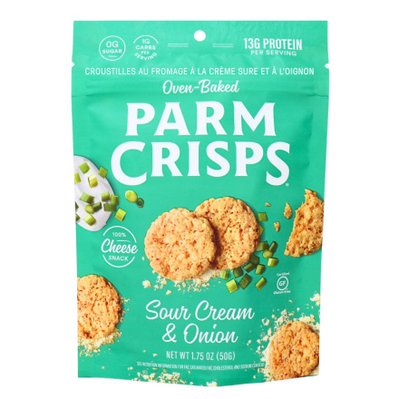 Front of ParmCrisps Sour Cream & Onion Cheese Crisps - Keto Cheese Crisps - Low Carb Cheese Crisps - Cheese Crackers