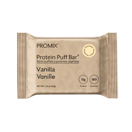 Front of PROMIX Plant-Based Protein Puff Bar Vanilla - Plant Based Vanilla Protein Bar - Vegan Protein Snack Vanilla - Gluten Free Vanilla Plant Protein
