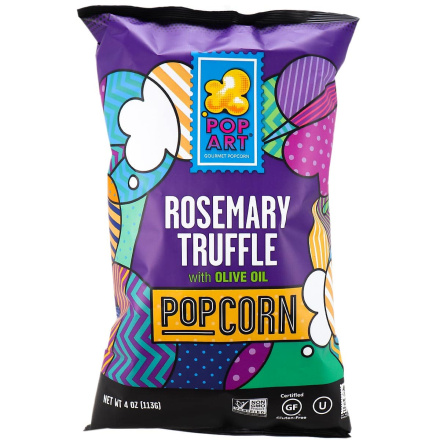 Front of Pop Art Gourmet Popcorn with Olive Oil Rosemary Truffle