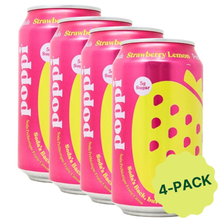 Poppi Prebiotic Soda Strawberry Lemon 4-Pack, 355 mL each Front