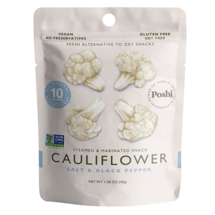 Front of Poshi Steamed & Marinated Snack Cauliflower Salt & Black Pepper, 45g