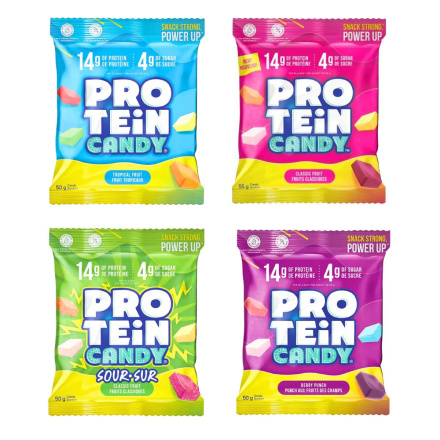 Front of Back of Protein Candy Variety Pack - High Fibre Candy - Protein Gummies - Protein Gummy Candy