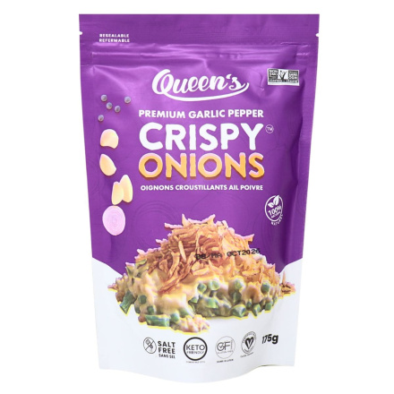 Front of Queen's Premium Gluten-Free Crispy Onions Garlic Pepper - Keto Fried Onions - Crispy Fried Onions - Healthy Fried Onions