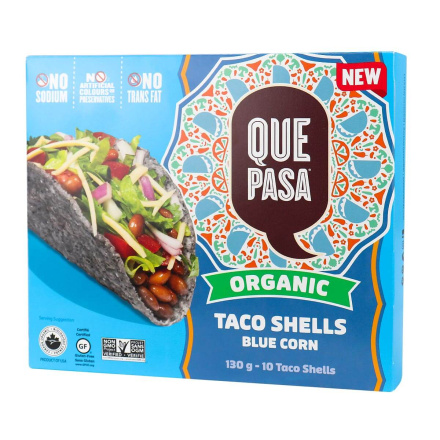 Front of Que Pasa Organic Blue Corn Taco Shells, 10 Count, 130g