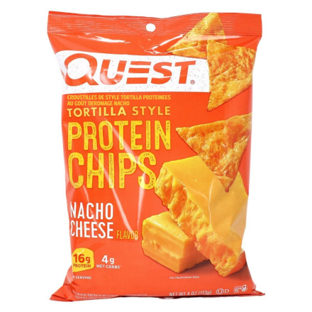 Front of Quest Tortilla-Style Protein Chips Nacho Cheese - Protein Tortilla Chips - High Protein Chips - Quest Chips Bulk