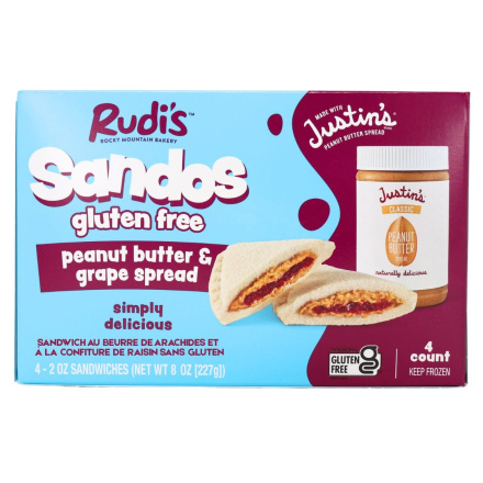 Rudi’s Gluten Free Sandos Justin’s Peanut Butter & Grape Spread Front