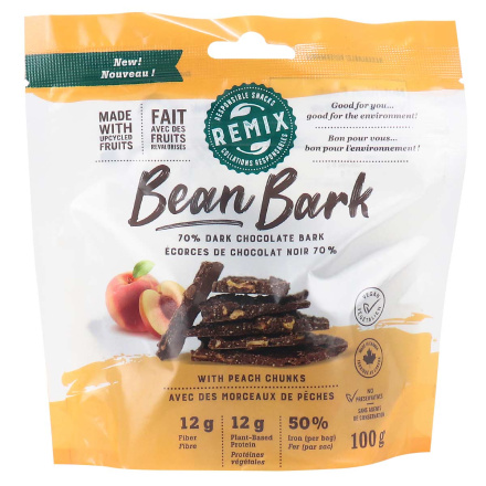 Front of Remix Snacks Bean Bark 70% Dark Chocolate Bark Peach, 100g
