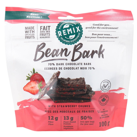 Front of Remix Snacks Bean Bark 70% Dark Chocolate Bark Strawberry, 100g