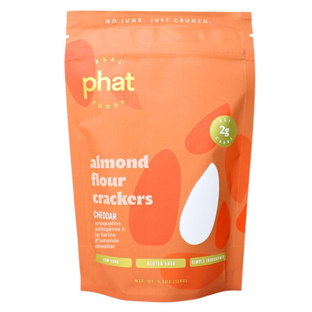 Front of Real Phat Foods Keto Almond Flour Crackers Cheddar - Keto Almond Flour Crackers - High Protein Crackers - Egg White Crackers