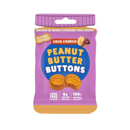 Front of Superfoodio Peanut Butter Buttons - Peanut Butter Bites - Chocolate Peanut Butter Bites - Coco Crunch Peanut Butter Buttons