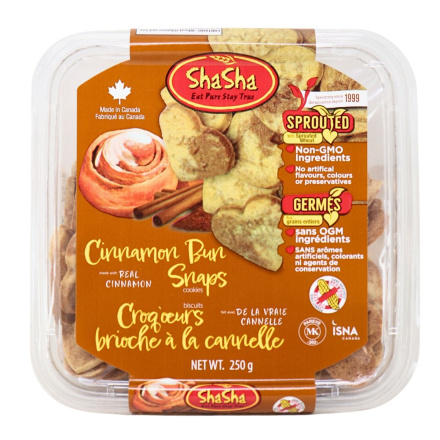 Front of ShaSha Co. Snap Cookies Cinnamon Bun - Shasha Snap Cookies - Cinnamon Bun Cookies - Cinnamon Bun Snaps