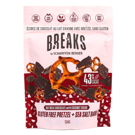 Front of Scharffen Berger BREAKS Oat Milk Chocolate Bark Gluten Free Pretzel Sea Salt