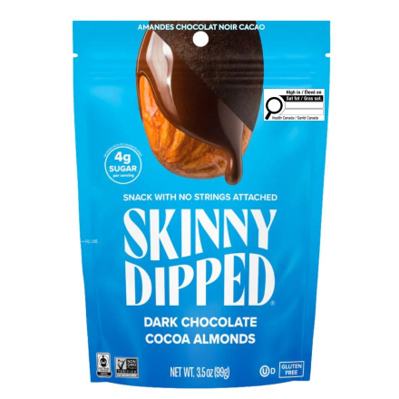 Front of Skinny Dipped Almonds Dark Chocolate Cocoa - Dark Chocolate Almonds - Fair Trade Chocolate - Chocolate Almonds