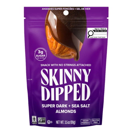 Front of Skinny Dipped Almonds Super Dark + Sea Salt -  Low Sugar Snacks - Chocolate Covered - Dark Chocolate Covered Almonds
