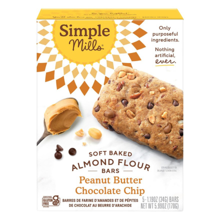 Front of Simple Mills gluten-Free Soft-Backed Almond flour Bars Peanut Butter Chocolate Chip - Soft Baked Almond Flour Bars - Almond Flour Peanut Butter Bars - Gluten Free Snack Bars