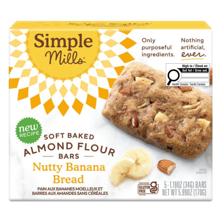 Front of Simple Mills Grain-Free Soft Baked Almond Flour Bars Nutty Banana Bread, 5 Bars