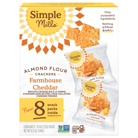 Front of Simple Mills Grain-Free Almond Flour Crackers Farmhouse Cheddar Snack Pack - cracker snack pack - almond flour crackers